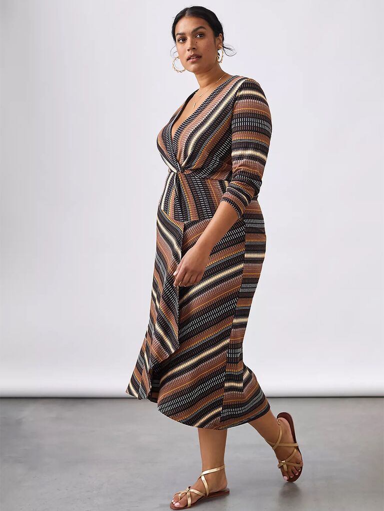 Brown, white and black V-striped wrap maxi dress