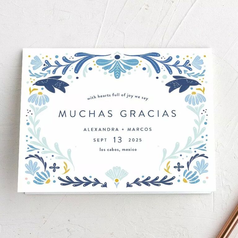 The Knot wedding thank-you note with Muchas Gracias wording