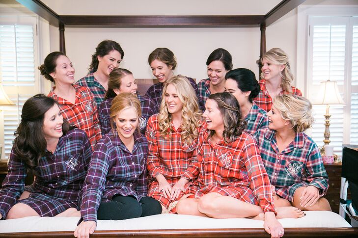 Rachel and her closest friends wore matching plaid tops as they got their hair and makeup done for her special day.