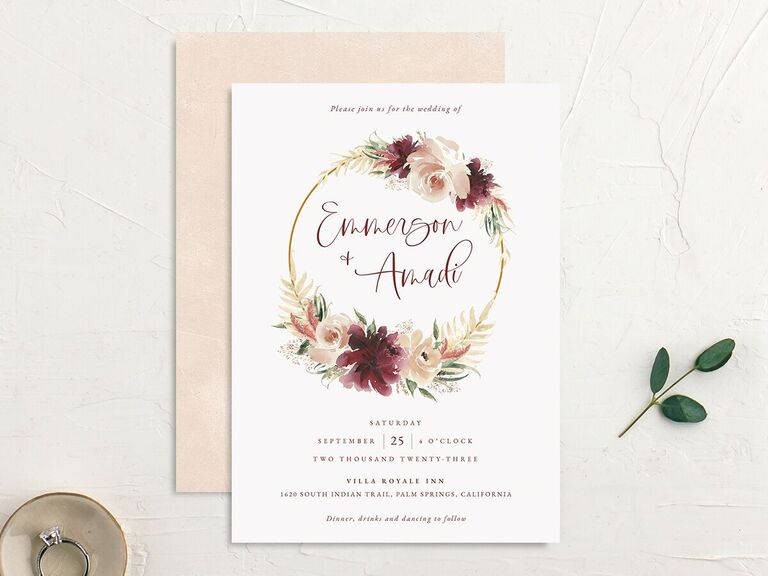 Affordable boho wreath wedding invitation design 