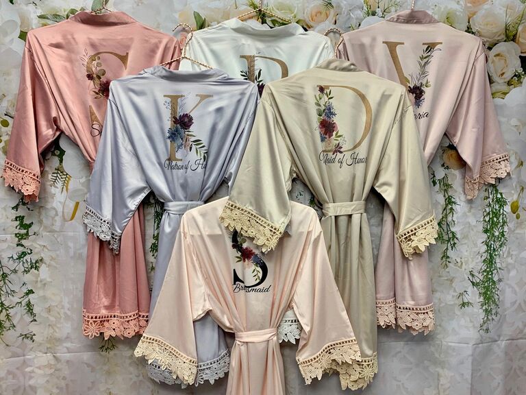 High-quality satin bridesmaid robes with floral monograms