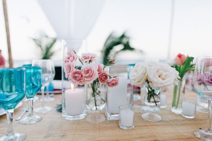Simple Rose and Candle Beach Centerpieces