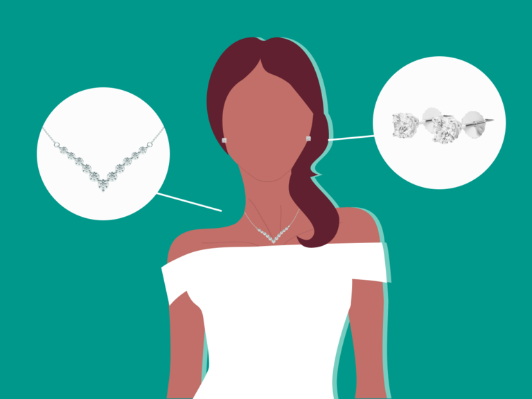 illustrated bride wearing off-the-shoulder dress with Grown Brilliance lab-grown diamond jewelry