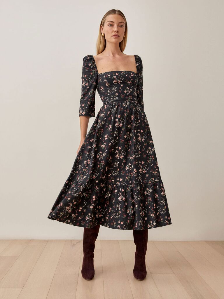 Reformation floral cocktail dress for spring wedding