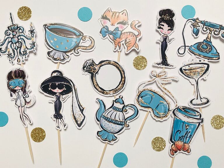 Breakfast at Tiffany's cupcake toppers like Audrey Hepburn, wedding ring, teacup, etc.