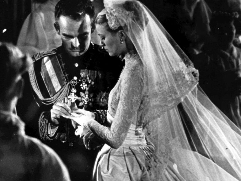 Princess Grace Kelly and Prince Rainier III of Monaco on their wedding day.