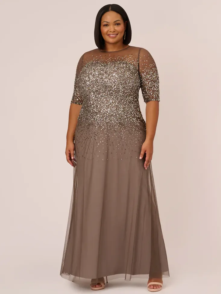 Grey plus size beaded illusion gown for grandmother of the groom