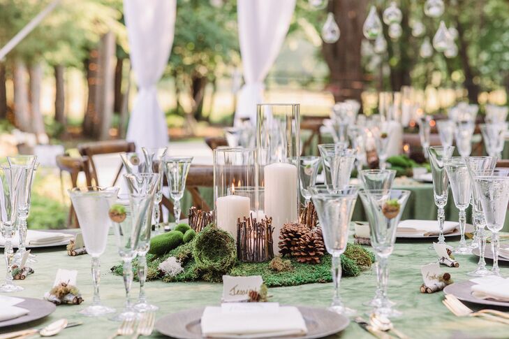 Woodland Themed Tablescape With Moss-and-Pinecone Centerpiece