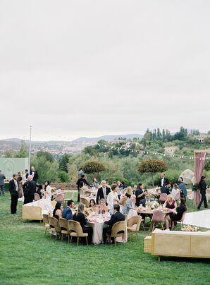 Outdoor Reception, Guests at Long Dining Tables, Mingling Under String Lights
