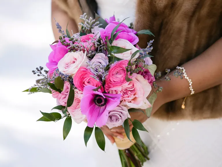 Chic Textured Bouquet With Pink Ranunculus and Purple Anemones