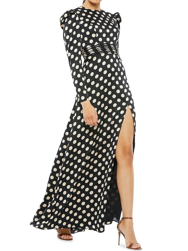 black and white polka dot satin maxi dress with long sleeves