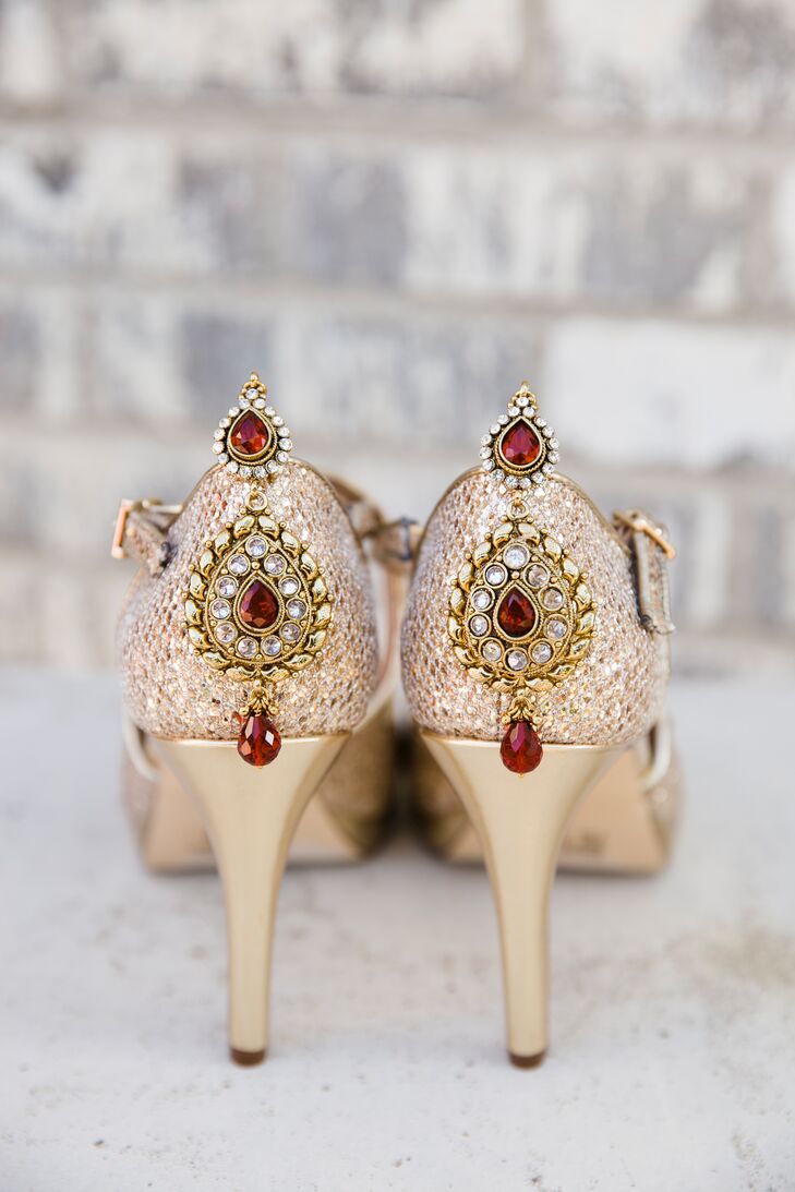 "The day before the Indian wedding I realized I had this beautiful red and gold sari and no shoes," Vineeta says. "Before getting my henna done, I quickly ran to Macy's and found a Style & Co. gold shimmer shoe that looked similar to the antique gold look of my sari."