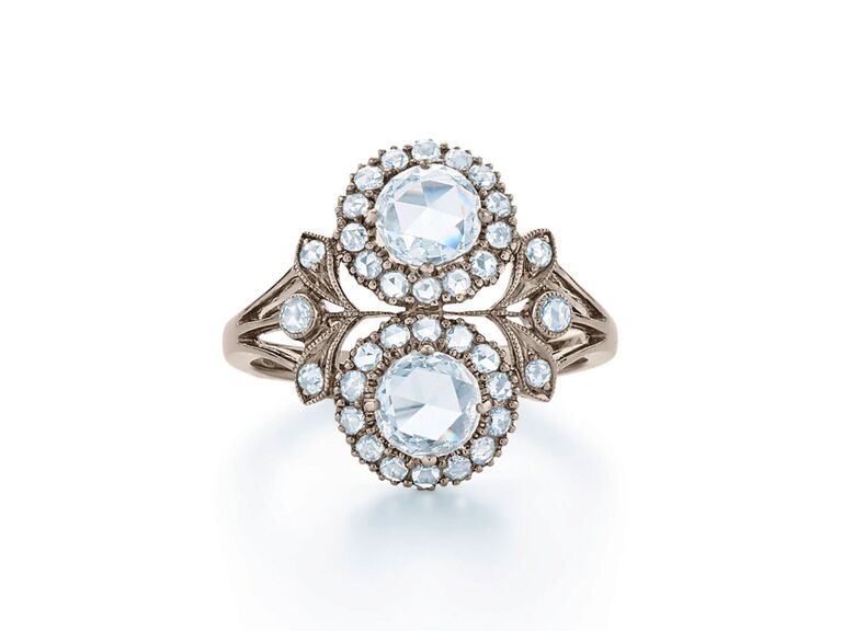 rose cut diamond two stone engagement ring in vintage inspired setting
