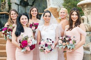 Pink Amsale Bridesmaids Dresses with Jewel-Toned Bouquets