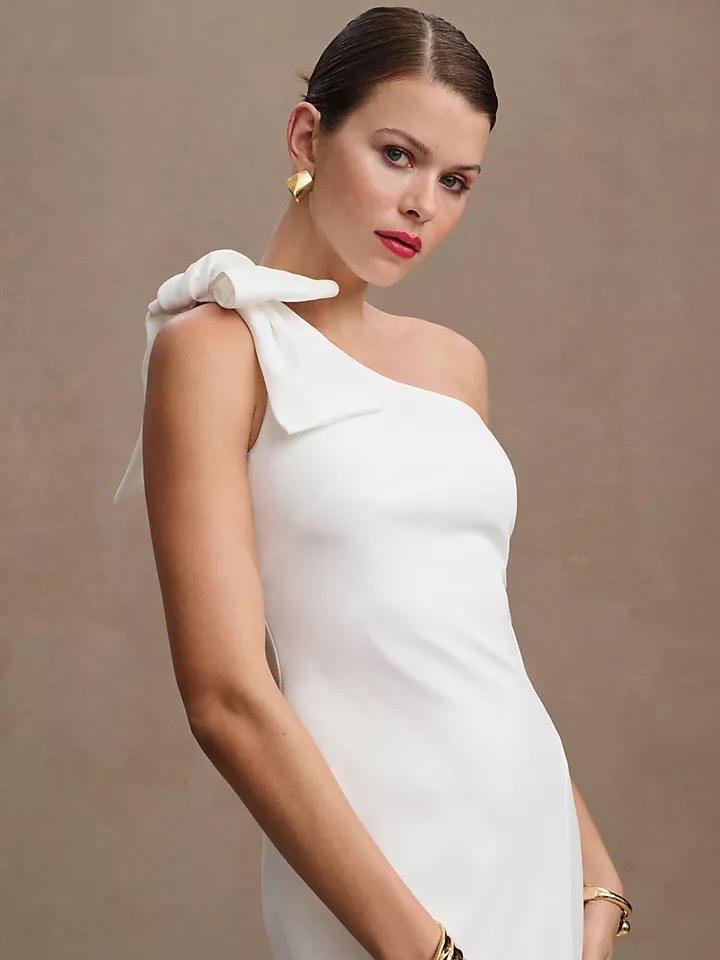One-Shoulder Bow Front-Slit Gown by Mac Duggal 