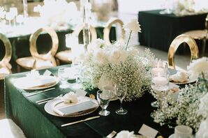 Dark Colored Reception, Emerald Green Palette, Low White Centerpieces, Gold Accents