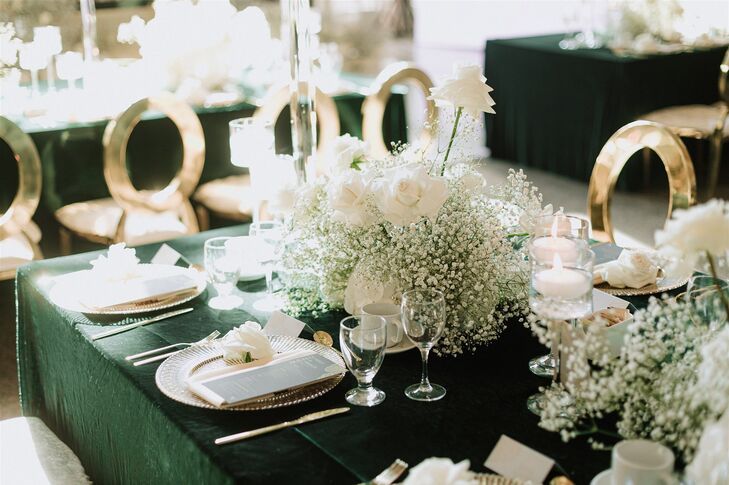 Dark Colored Reception, Emerald Green Palette, Low White Centerpieces, Gold Accents