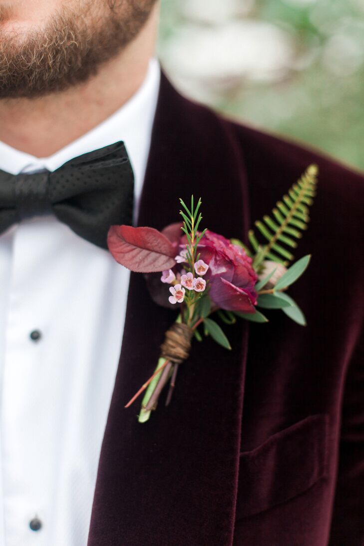 Burgundy Leaf, Rose and Fern Boutonniere
