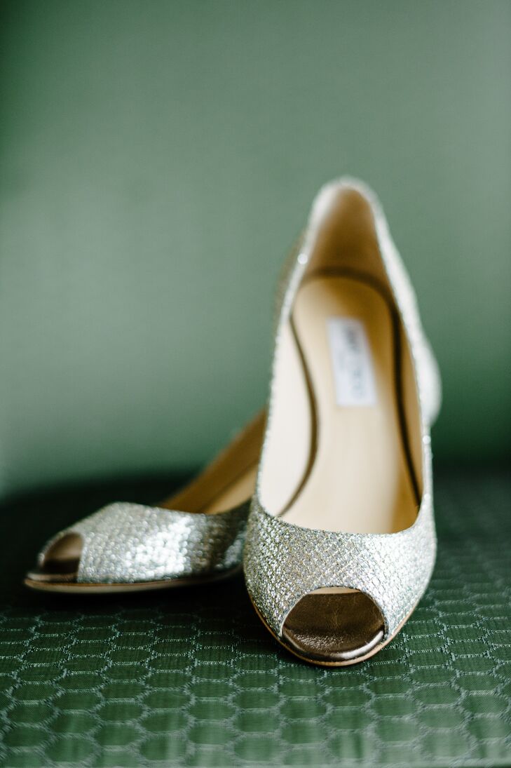 To give her bridal look a glam touch, Meredith walked down the aisle in a pair of silver Jimmy Choo peep toe heels.
