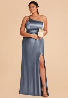 Birdy Grey Kensie Shiny Satin Dress in French Blue One Shoulder Bridesmaid Dress