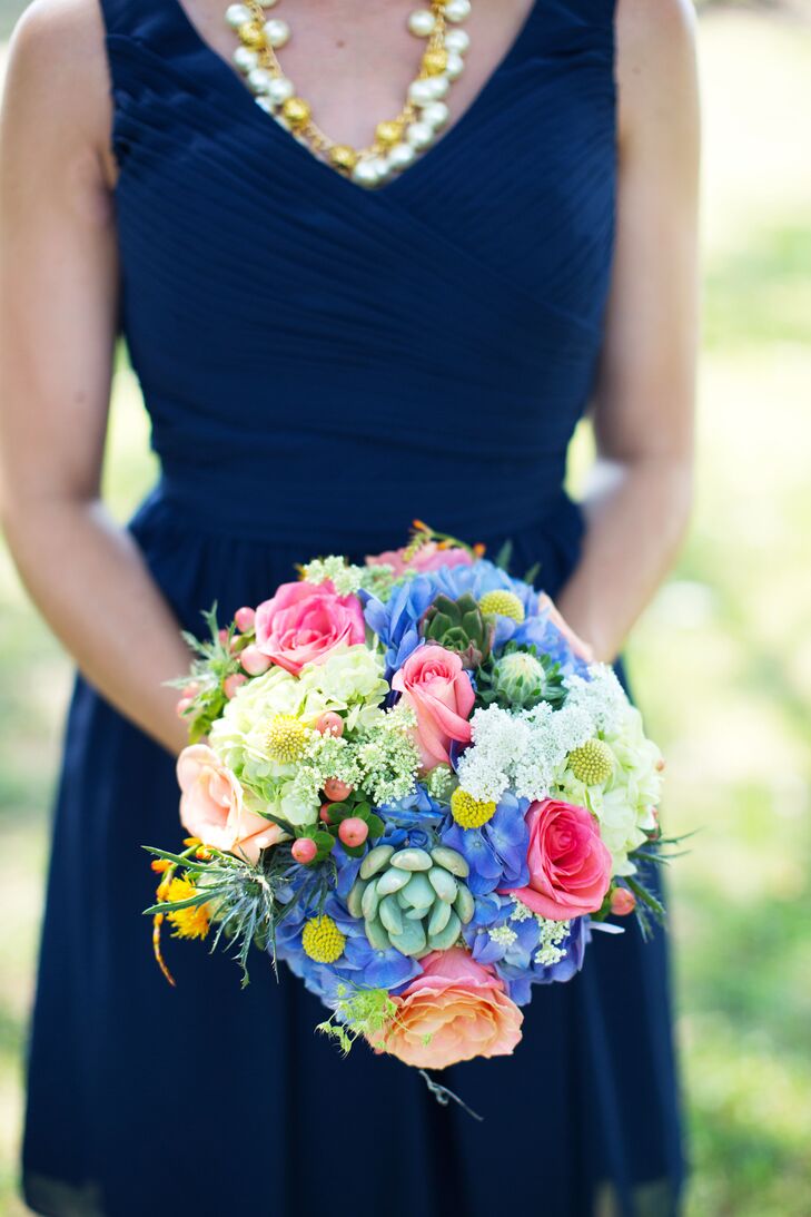 Vibrant Hydrangea, Rose and Succulent Bridesmaid Bouquet