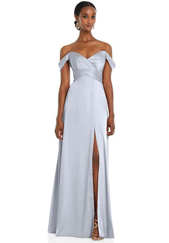Dessy Group Off-the-Shoulder Flounce Sleeve Empire Waist Gown with Front Slit - 3108 V-Neck Bridesmaid Dress - 1