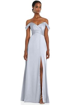 Dessy Group Off-the-Shoulder Flounce Sleeve Empire Waist Gown with Front Slit - 3108 V-Neck Bridesmaid Dress
