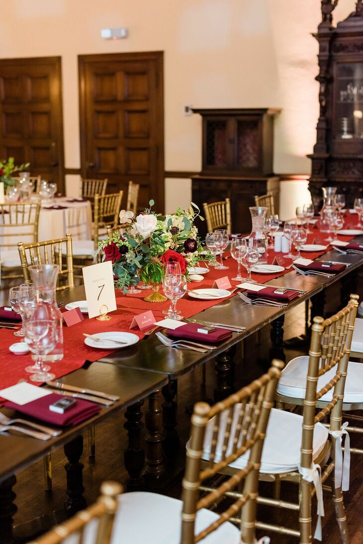 Reception With Wood Farm Table, Red Table Runner and Cold Chiavari Chairs