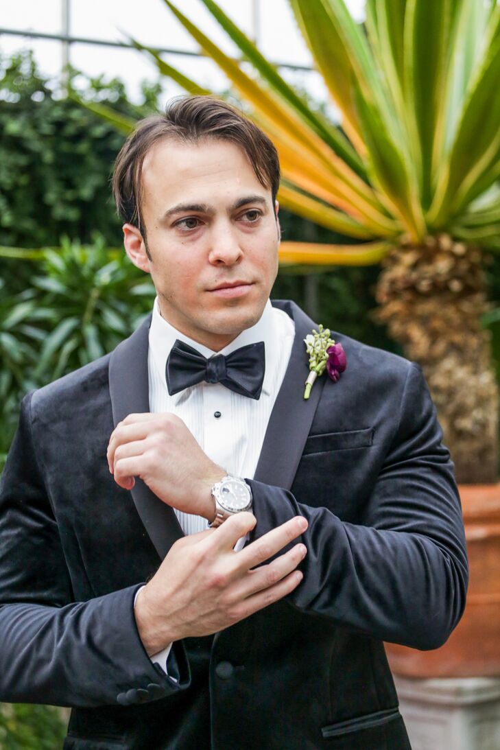The groom wore a velvet tuxedo in honor of the upcoming winter season (and to stand out a bit from his groomsmen).