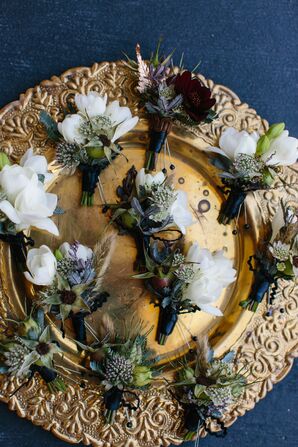 Bohemian Feather, Rosehip and Tuberose Boutonnieres