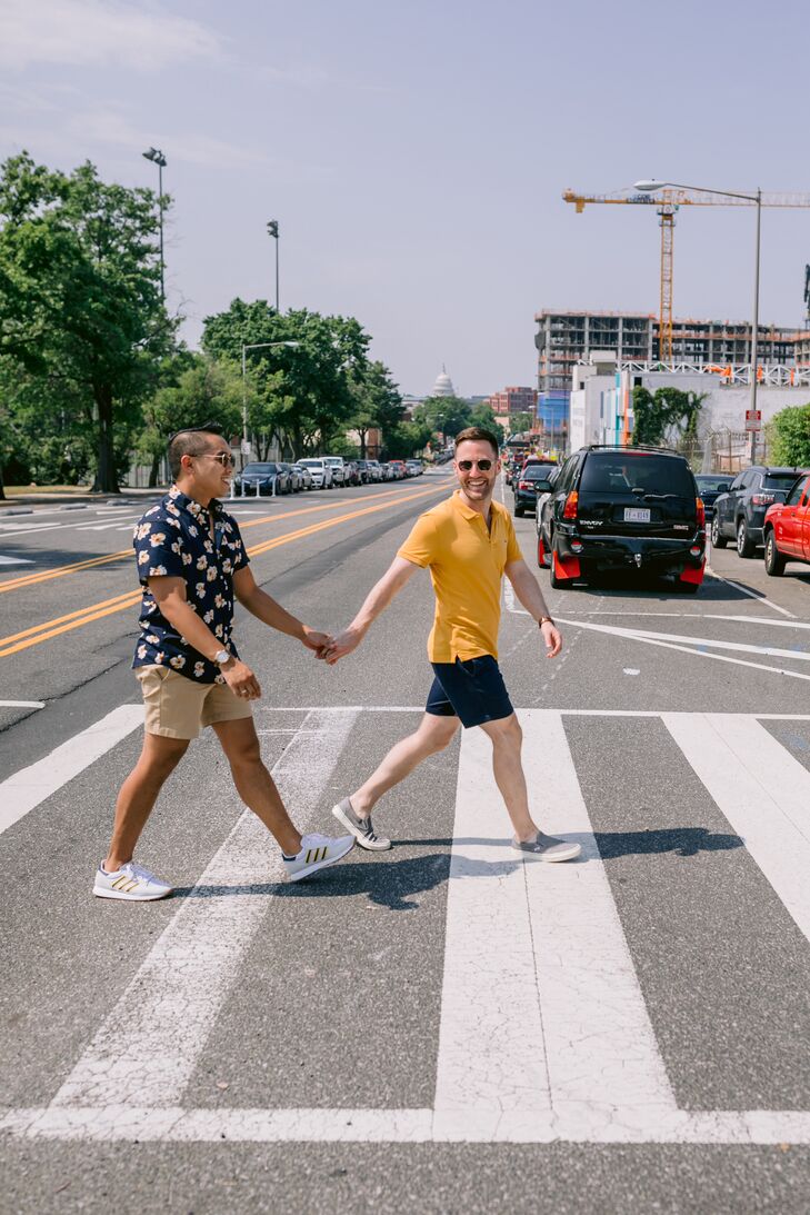 Grooms Walking in Washington, DC, for Engagement Photos