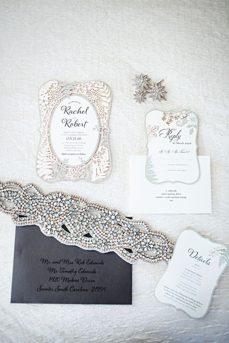 The couple’s ivory invites set the tone for their sophisticated soiree. “It was just the right fit since we wanted something mystical but not fussy,” Rachel says of the laser-cut invites from Wedding Paper Divas. “Friends and family were definitely surprised.”
