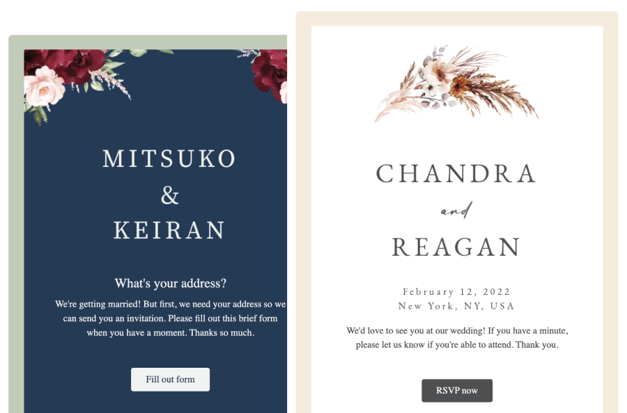 An RSVP reminder email with a botanical accent on a white background, and an address collection email with flowers on a dark blue background.