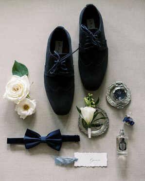 Blue Dress Shoes, Boutonniere, Bow Tie and Watch