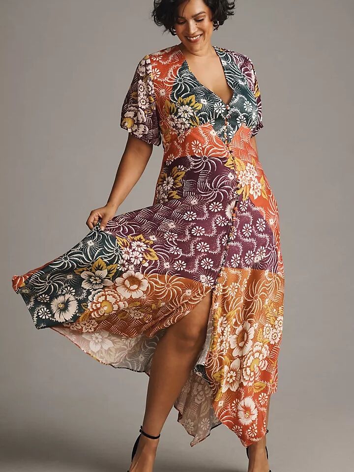 A multi-patterned and colored maxi dress with split hem and v-neckline from Anthropologie