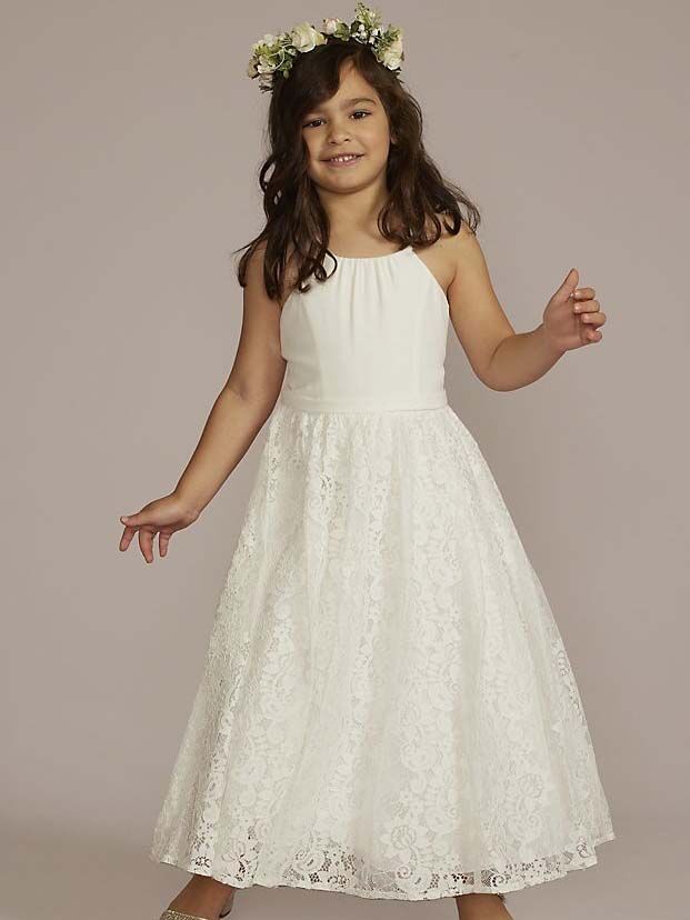 little girl wearing white long dress