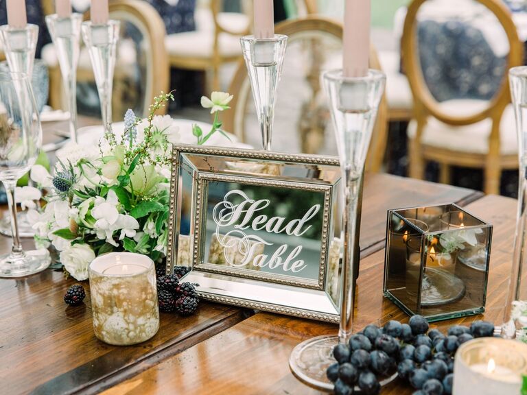 A silver mirror "head table" sign for your outdoor vineyard wedding