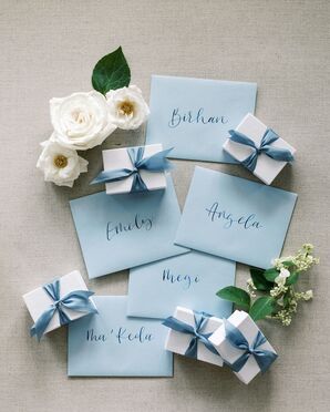 Blue Letters With Calligraphy for the Bridesmaids With Gifts