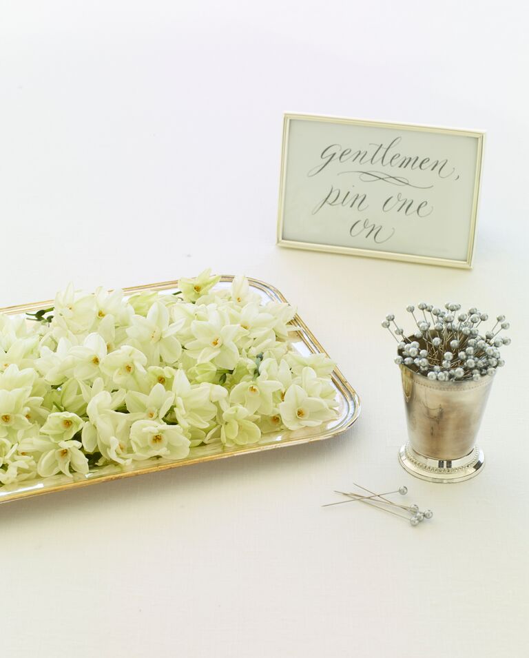 DIY boutonniere station for wedding guests