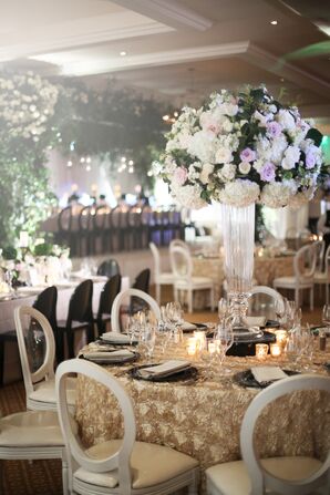 Tall Clear Centerpiece with White Roses and Hydrangeas