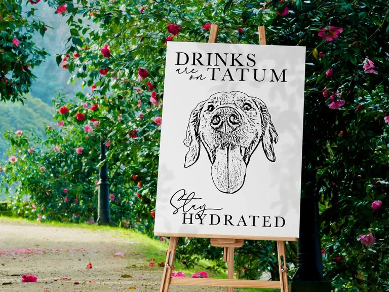 Drinks are on our pet bar sign with custom sketched dog face for wedding
