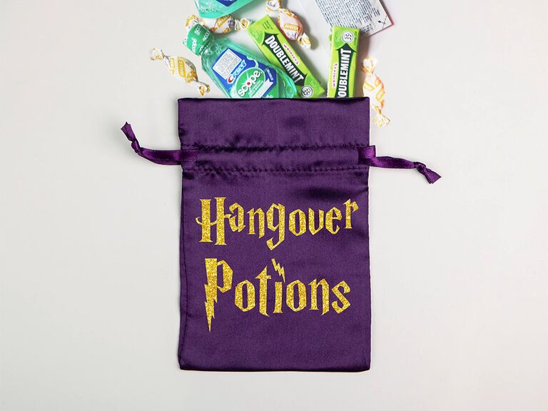 Purple pouch that says Hangover Potions in gold HP font