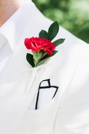 Modern Red Carnation Boutonniere with White Suit Jacket