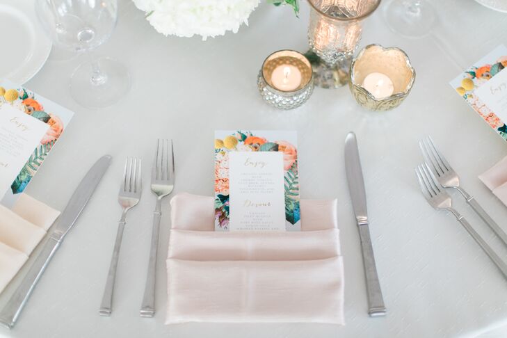 Colorful floral menus sat atop blush pink napkins under the glow of gold and silver votives. "We had mercury-glass candles on every table, I love mercury glass and lots and lots of candles," Bree says. "This also helped to create the romantic ambience."