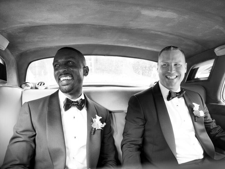 Grooms driving to wedding