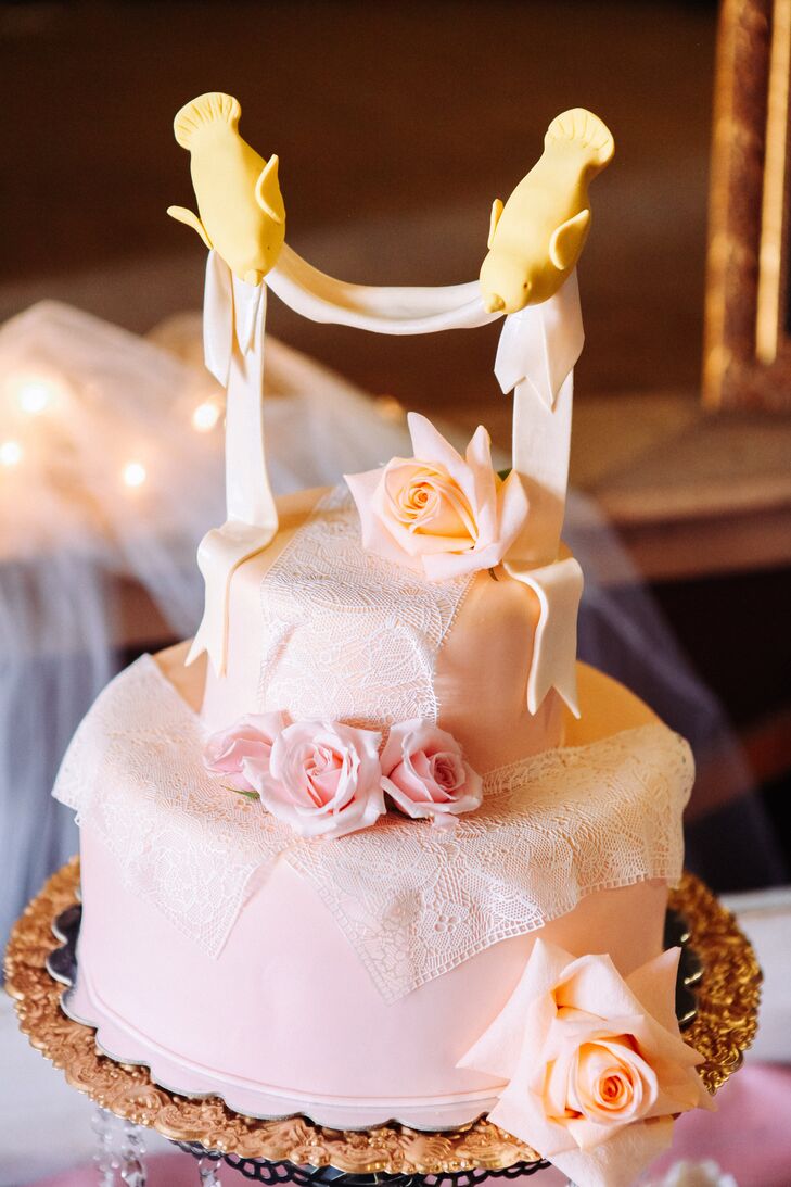 Blush Wedding Cake With Lace Details