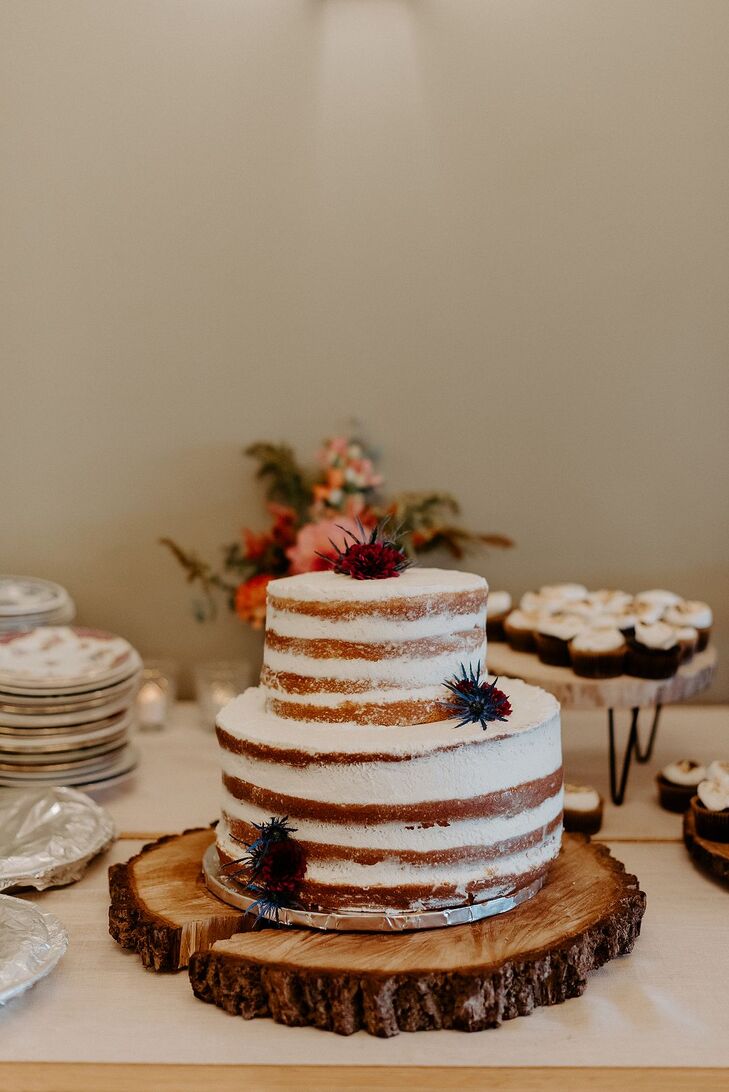 Rustic Semi-Naked Wedding Cake on Wood Slice