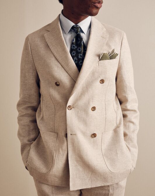 Tie Bar The Dearborn Linen Oatmeal Double Breasted Jacket Brown Tuxedo - 5