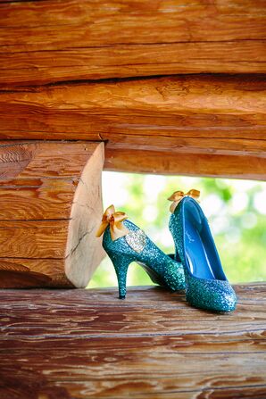 Glittery Blue Wedding Shoes with Gold Bows