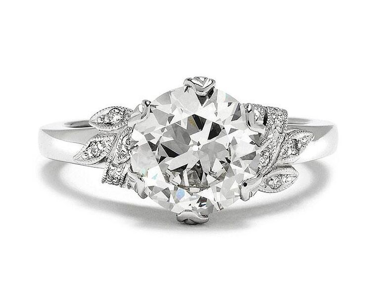 greenwhich st. jewelers flower engagement ring with round diamond leaf shaped marquise diamond sides and plain platinum band